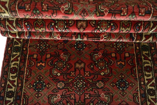 Full view of New Hamedan rug from Iran / Persia, 383 × 78 cm in Red tones