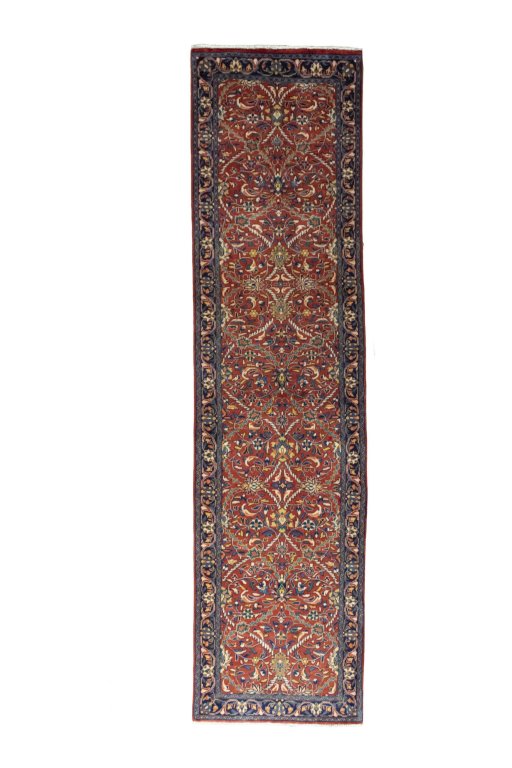 Full view of New Hamedan rug from Iran / Persia, 327 × 84 cm in Red tones