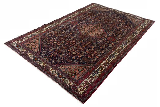 Corner detail of 2000s Hamedan rug showing border pattern and Wool pile