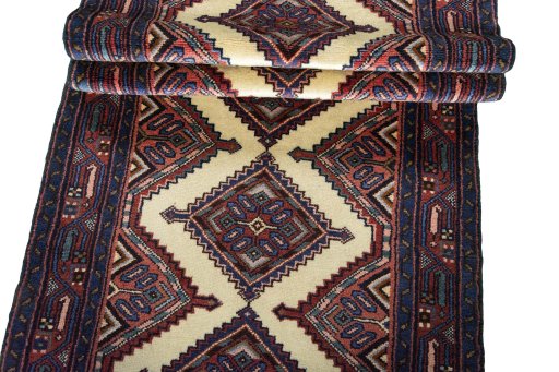 Full view of New Hamedan rug from Iran / Persia, 455 × 80 cm in Beige tones