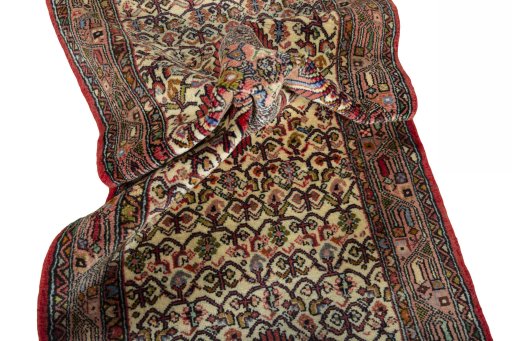 Corner detail of 2000s Hamedan rug showing border pattern and Wool pile