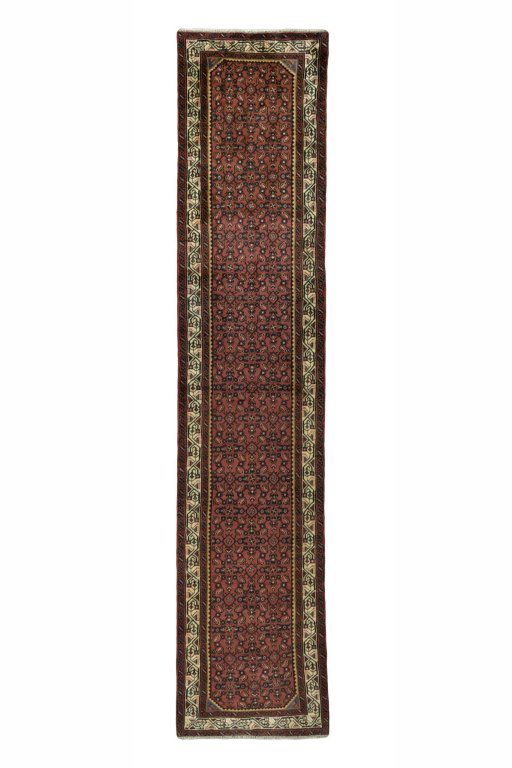Full view of 2000s Hamedan rug from Iran / Persia, 408 × 87 cm in Red tones
