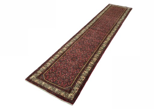 Corner detail of 2000s Hamedan rug showing border pattern and Wool pile