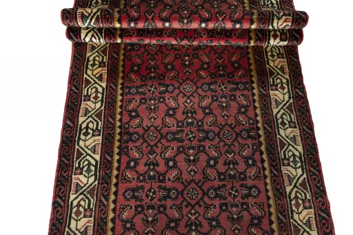Full view of 2000s Hamedan rug from Iran / Persia, 408 × 87 cm in Red tones