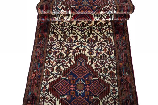 Corner detail of 2000s Hamedan rug showing border pattern and Wool pile