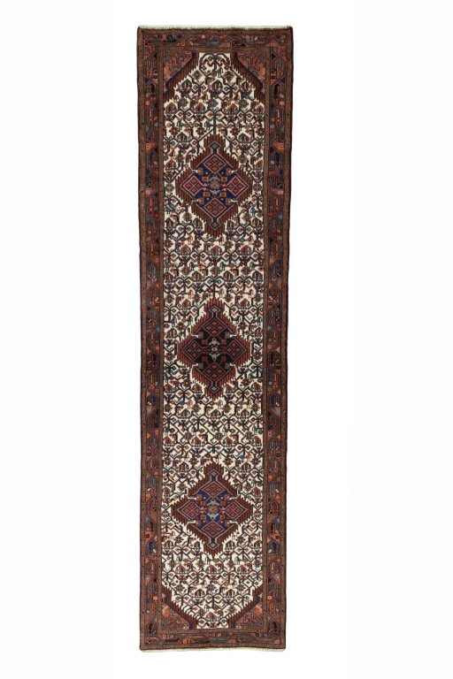 Full view of 2000s Hamedan rug from Iran / Persia, 320 × 76 cm in Beige tones