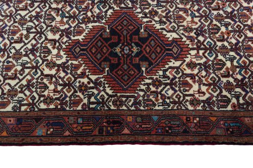 Full view of 2000s Hamedan rug from Iran / Persia, 320 × 76 cm in Beige tones