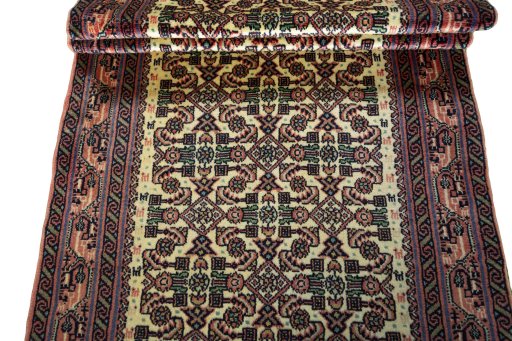 Full view of 2000s Hamedan rug from Iran / Persia, 406 × 85 cm in Beige tones