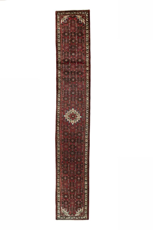 Full view of New Hamedan rug from Iran / Persia, 492 × 82 cm in Red tones