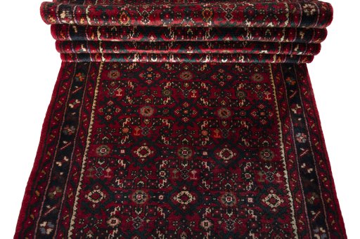 Full view of New Hamedan rug from Iran / Persia, 495 × 86 cm in Red tones