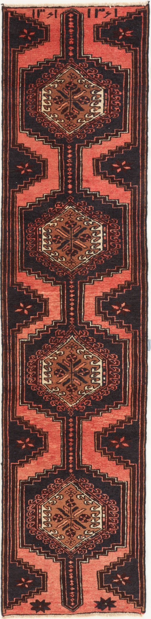 Full view of 1960s Hamedan rug from Iran / Persia, 260 × 63 cm in Red tones