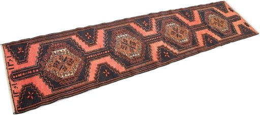 Corner detail of 1960s Hamedan rug showing border pattern and Wool pile