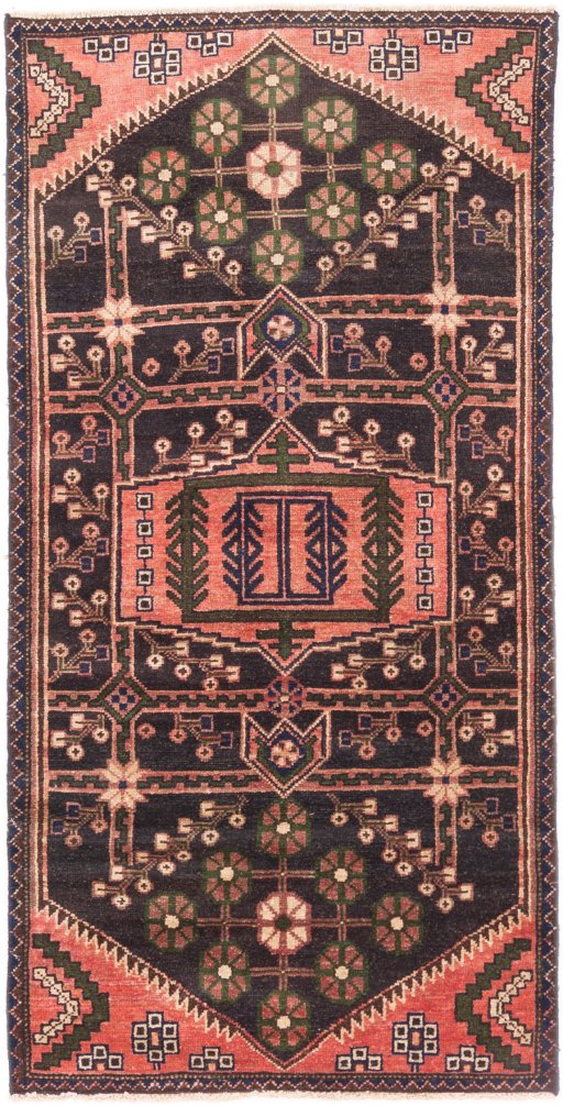 Full view of 1973s Hamedan rug from Iran / Persia, 188 × 90 cm in Dark blue tones