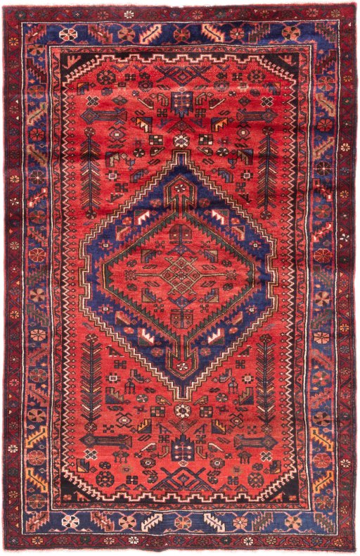 Full view of 1970s Hamedan rug from Iran / Persia, 204 × 130 cm in Red tones