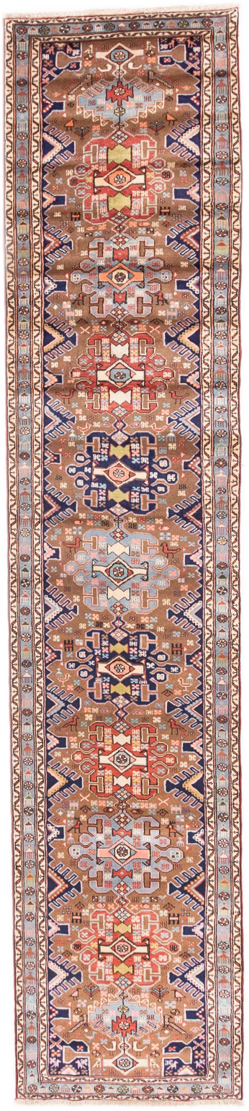 Full view of 1994s Hamedan rug from Iran / Persia, 398 × 85 cm in Multi Color tones