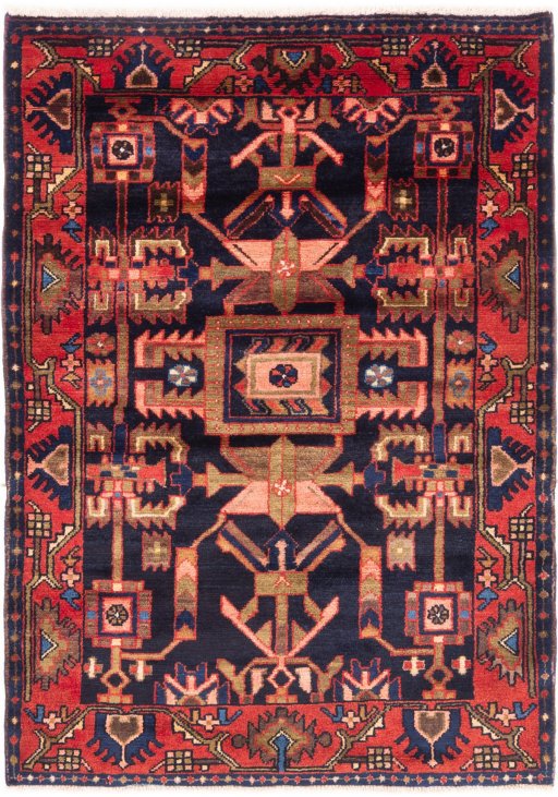 Full view of 1970s Hamedan rug from Iran / Persia, 160 × 115 cm in Dark blue tones