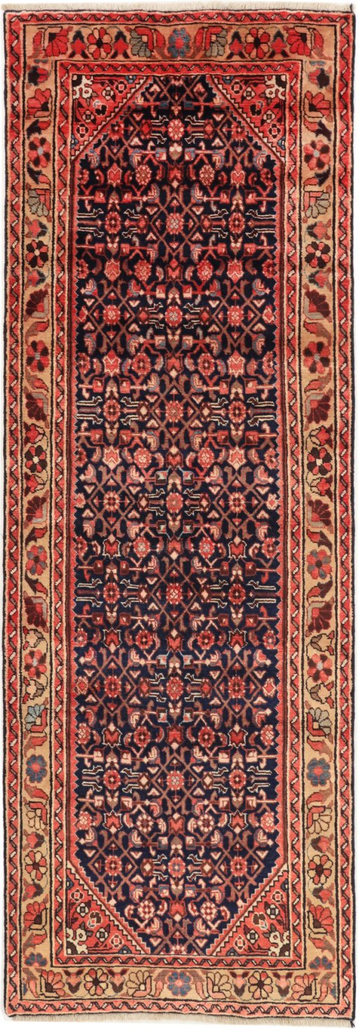 Full view of 1980s Hamedan rug from Iran / Persia, 305 × 102 cm in Dark blue tones
