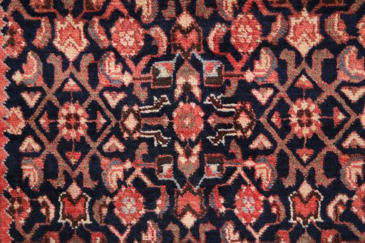 Full view of 1980s Hamedan rug from Iran / Persia, 305 × 102 cm in Dark blue tones