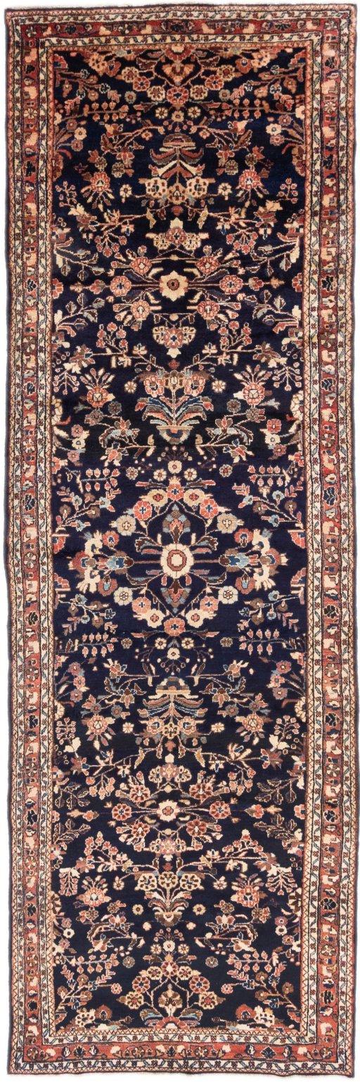 Full view of 2001s Hamedan rug from Iran / Persia, 410 × 133 cm in Dark blue tones