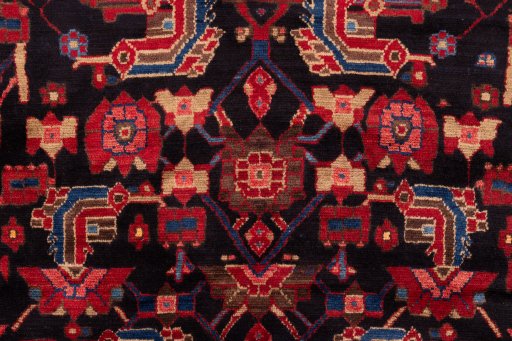 Full view of 1990s Hamedan rug from Iran / Persia, 297 × 143 cm in Dark blue tones