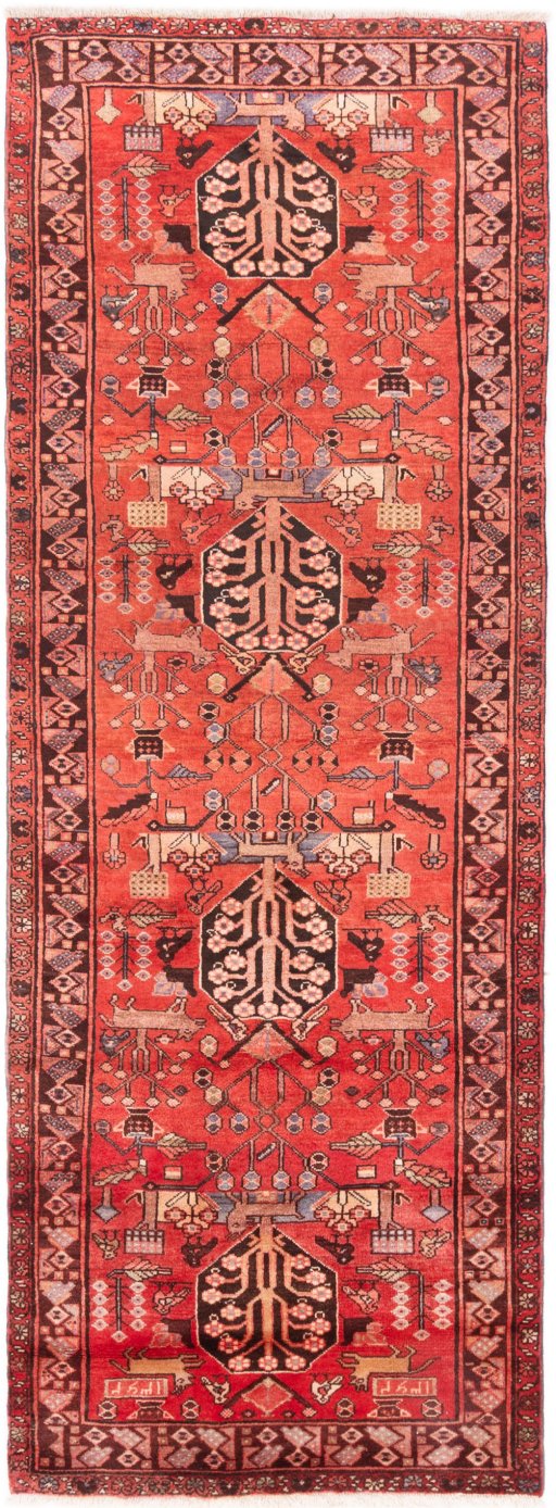 Full view of 1991s Hamedan rug from Iran / Persia, 297 × 118 cm in Red tones