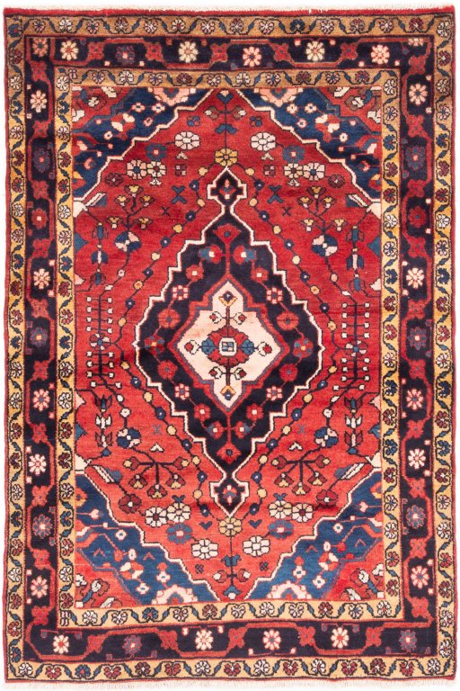Full view of 1970s Hamedan rug from Iran / Persia, 165 × 110 cm in Red tones