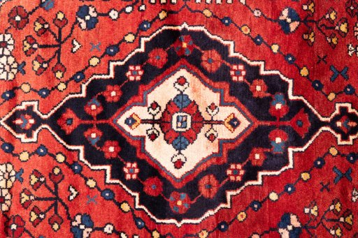 Full view of 1970s Hamedan rug from Iran / Persia, 165 × 110 cm in Red tones