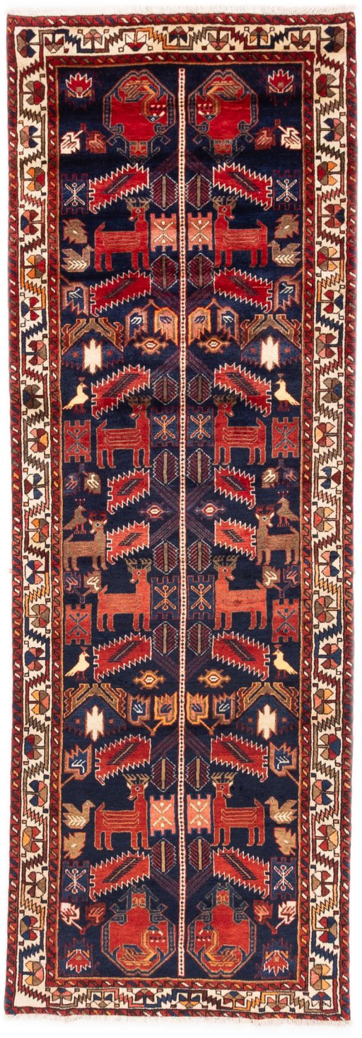 Full view of 1970s Hamedan rug from Iran / Persia, 300 × 103 cm in Dark blue tones