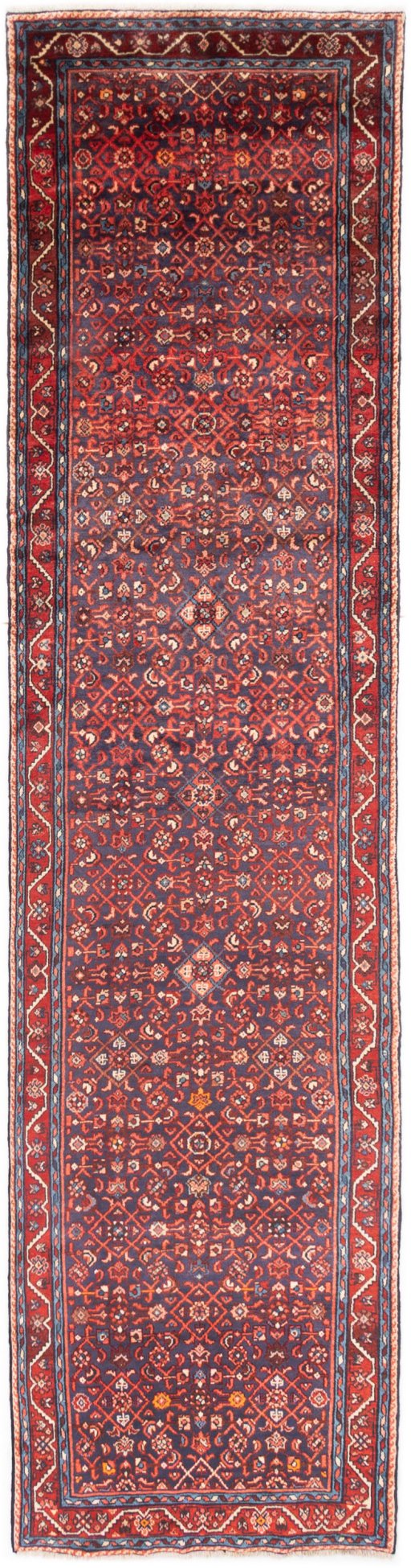 Full view of 1986s Hamedan rug from Iran / Persia, 435 × 105 cm in Red tones