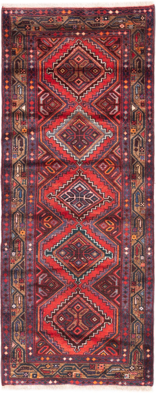 Full view of 1997s Hamedan rug from Iran / Persia, 215 × 83 cm in Multi Color tones