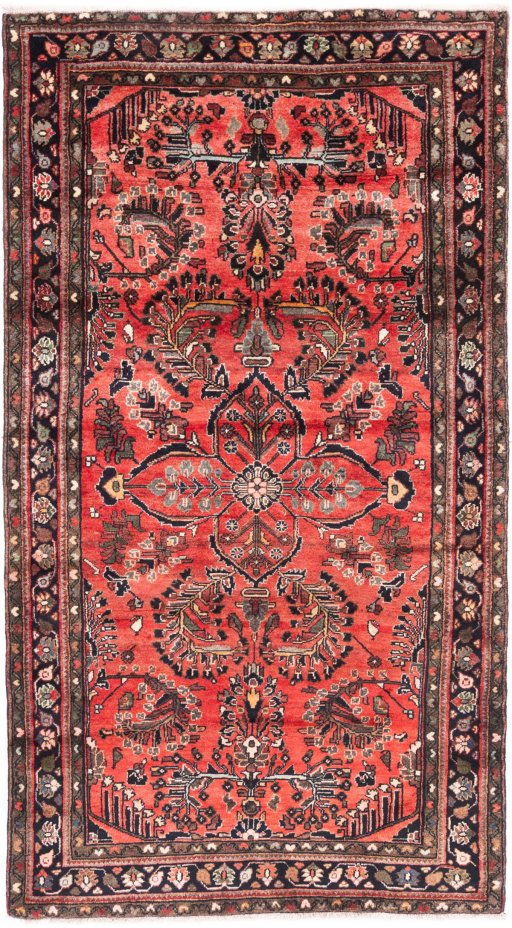 Full view of 1970s Hamedan rug from Iran / Persia, 203 × 110 cm in Red tones
