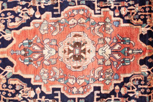 Full view of 1980s Hamedan rug from Iran / Persia, 300 × 170 cm in Dark blue tones