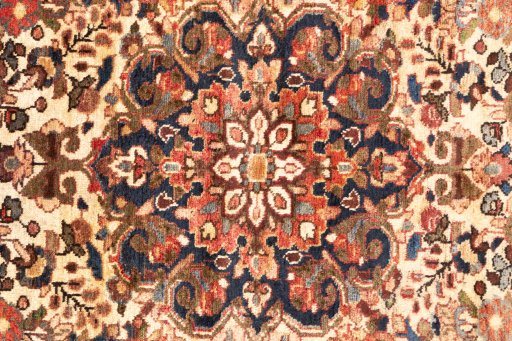 Full view of 1975s Hamedan rug from Iran / Persia, 175 × 100 cm in Cream tones