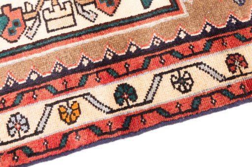 Backside of handmade 1970s Hamedan rug showing knot structure and weave density