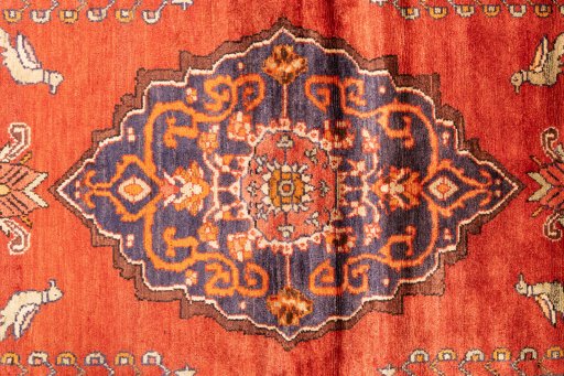 Full view of 1995s Hamedan rug from Iran / Persia, 258 × 155 cm in Red tones