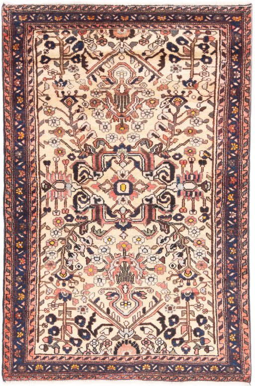 Full view of 1973s Hamedan rug from Iran / Persia, 165 × 110 cm in Cream tones