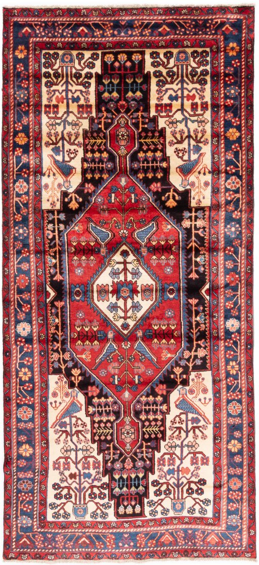 Full view of 1997s Hamedan rug from Iran / Persia, 330 × 150 cm in Dark blue tones