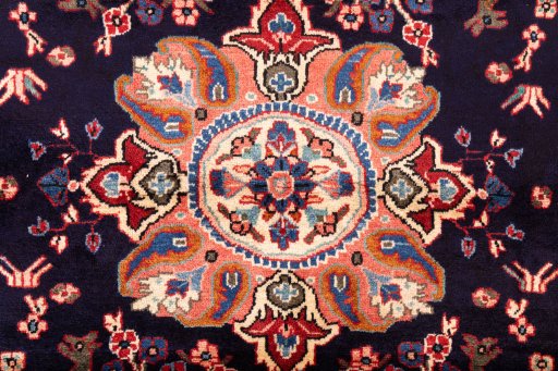 Full view of 1998s Hamedan rug from Iran / Persia, 330 × 152 cm in Dark blue tones