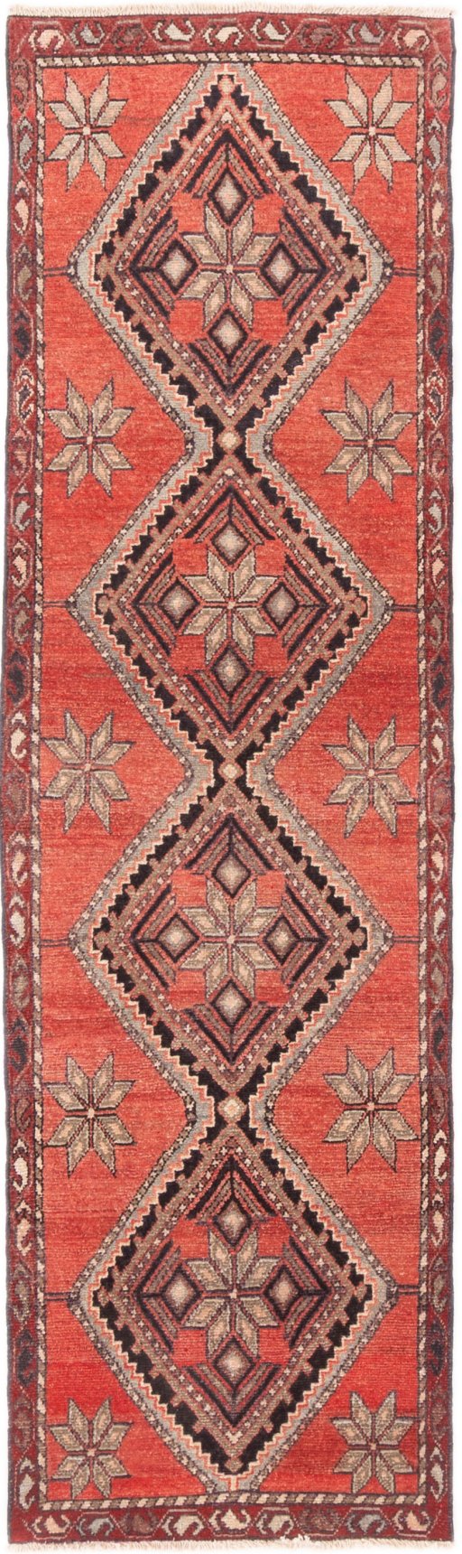 Full view of 1975s Hamedan rug from Iran / Persia, 265 × 75 cm in Red tones