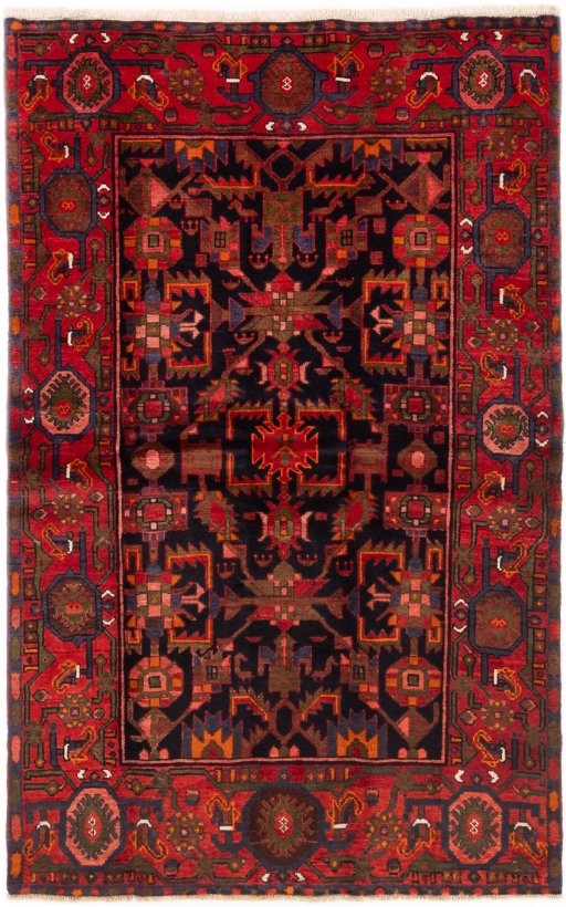 Full view of 1975s Hamedan rug from Iran / Persia, 207 × 134 cm in Multi Color tones