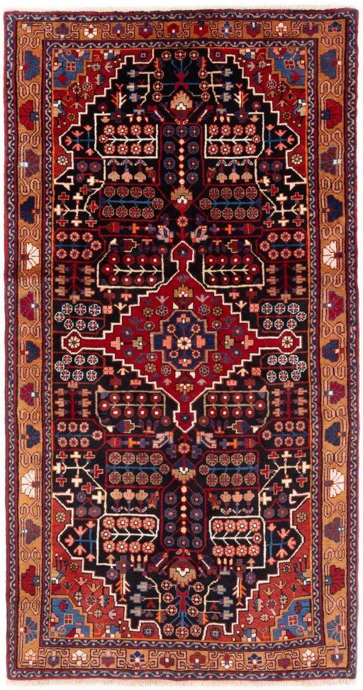 Full view of 1975s Hamedan rug from Iran / Persia, 246 × 130 cm in Multi Color tones