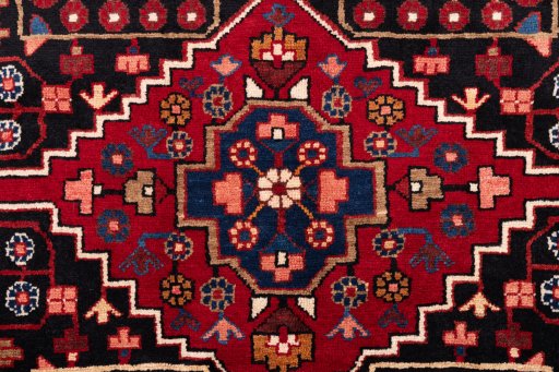 Full view of 1975s Hamedan rug from Iran / Persia, 246 × 130 cm in Multi Color tones