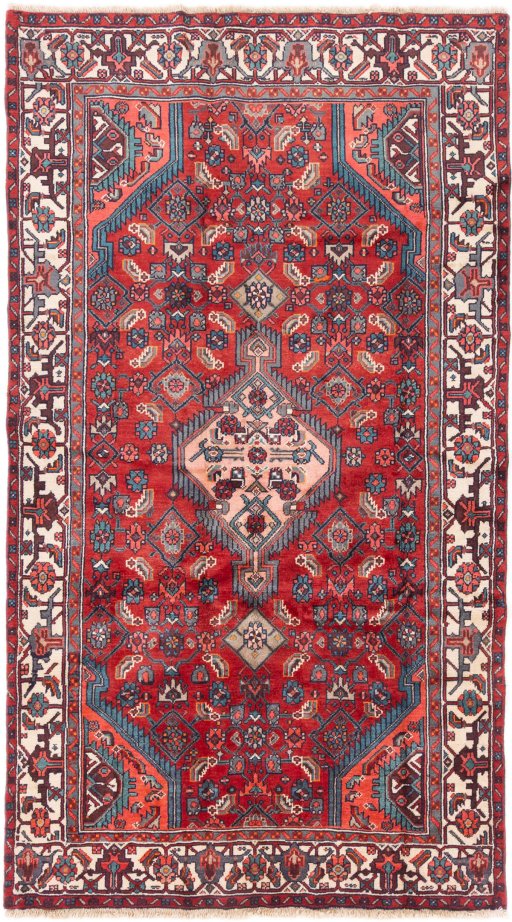 Full view of 1975s Hamedan rug from Iran / Persia, 254 × 140 cm in Red tones