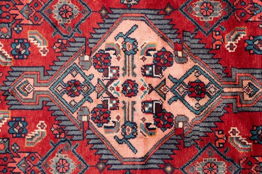 Full view of 1975s Hamedan rug from Iran / Persia, 254 × 140 cm in Red tones