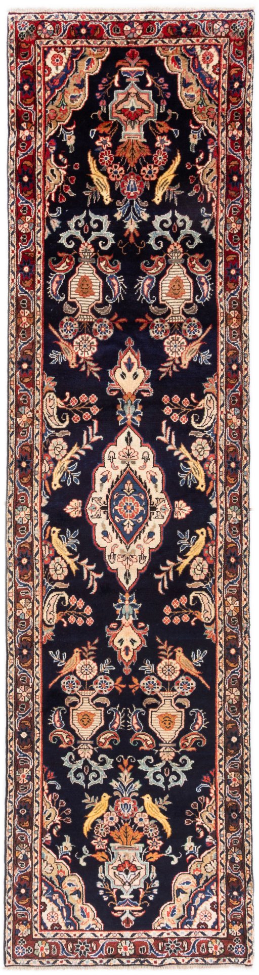 Full view of 1984s Hamedan rug from Iran / Persia, 360 × 90 cm in Dark blue tones