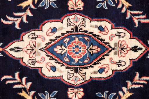 Full view of 1984s Hamedan rug from Iran / Persia, 360 × 90 cm in Dark blue tones