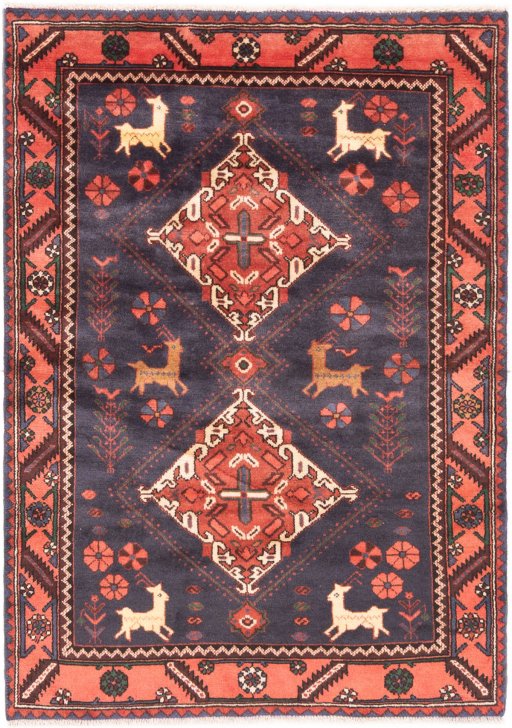 Full view of 1971s Hamedan rug from Iran / Persia, 150 × 105 cm in Dark blue tones