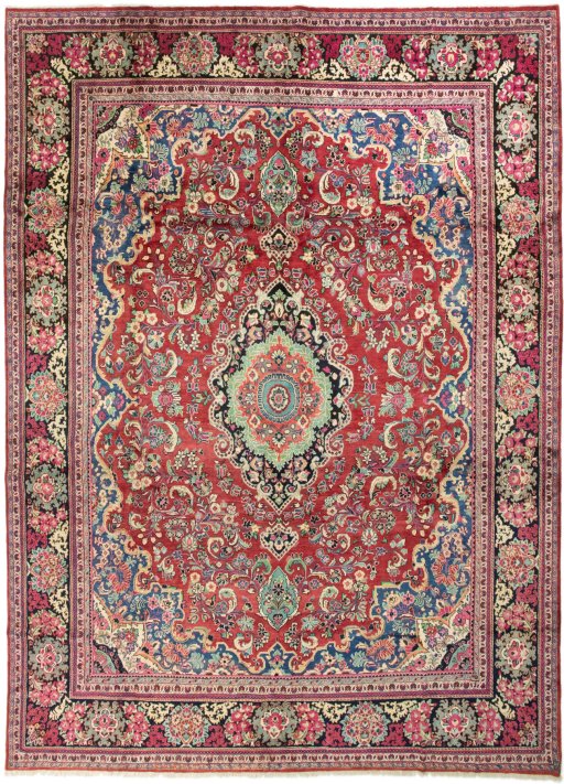 Full view of 2002s Hamedan rug from Iran / Persia, 440 × 315 cm in Red tones
