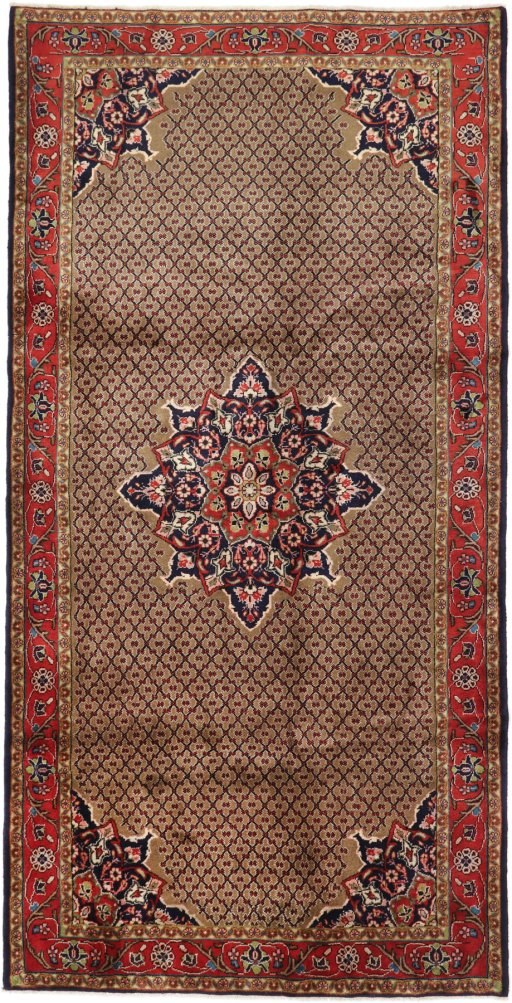 Full view of 2000s Hamedan rug from Iran / Persia, 305 × 155 cm in Beige tones