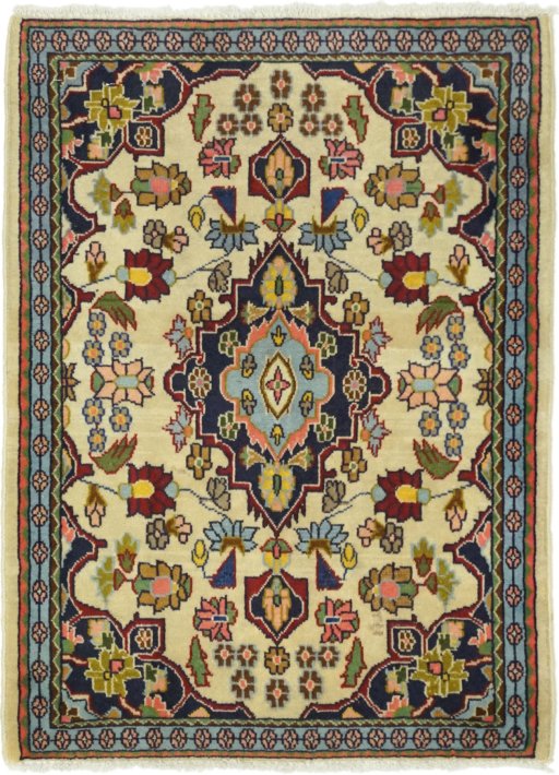 Full view of 1990s Hamedan rug from Iran / Persia, 85 × 60 cm in Beige tones